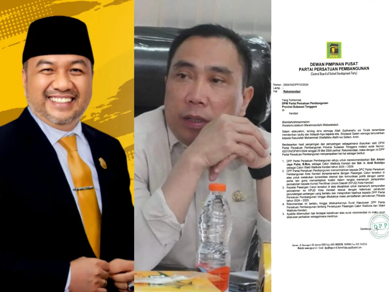 Pasangan AJP-ASLI terima rekomendasi PPP sebagai pasangan calon Wali Kota dan Wakil Wali Kota Kendari. Foto: Kolase
