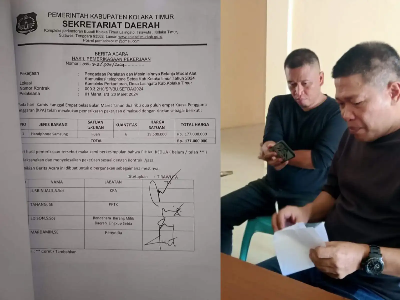 Pengadaan enam buah telepon genggam merek Samsung Galakxy S24 Ultra oleh Pemda Kolaka Timur, menuai kontroversi. Foto: Kolase
