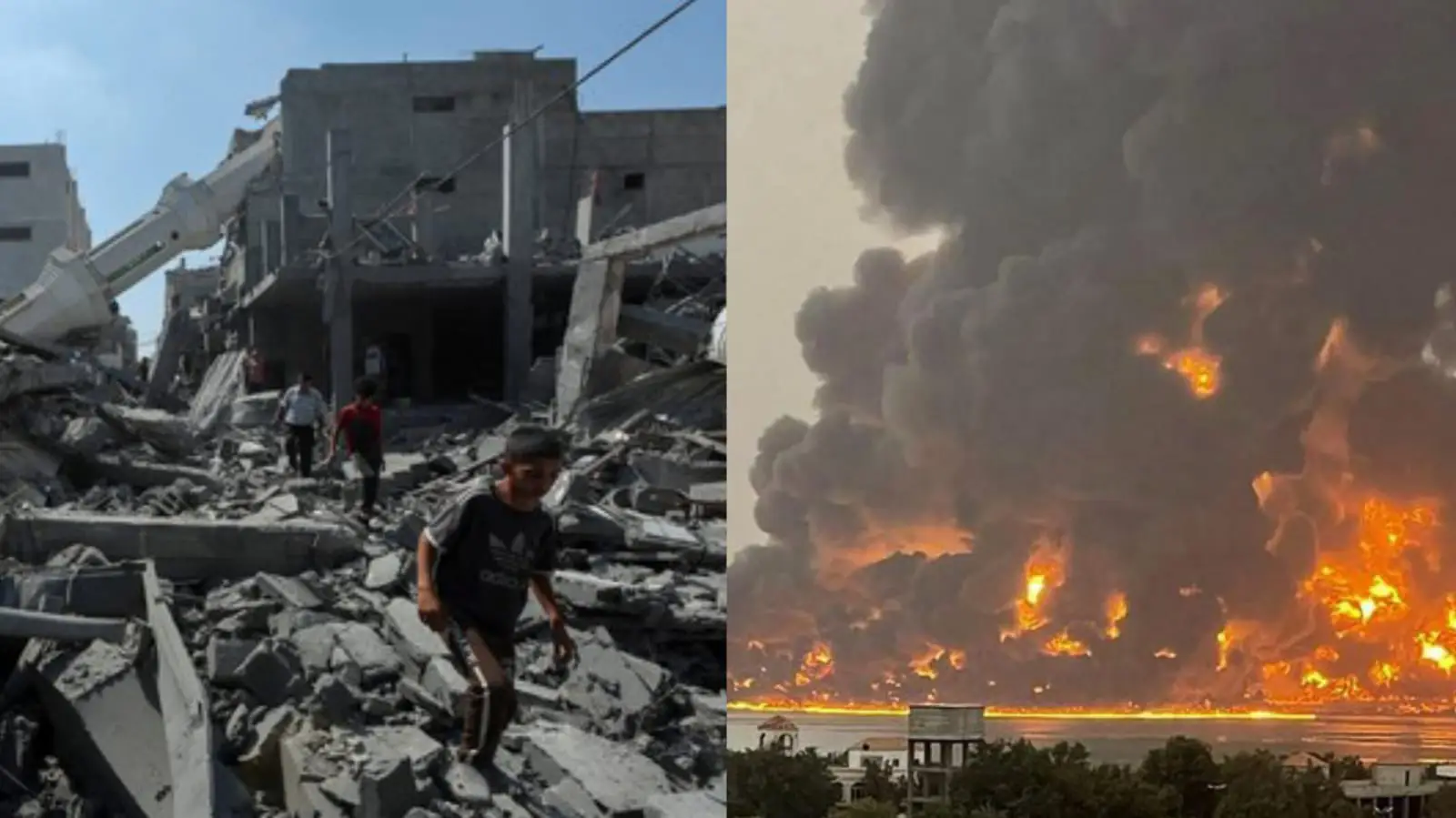 Serangan Israel ke Gaza, Palestina (kiri), api berkobar imbas serangan Houthi ke tentara Israel (kanan). Foto: Repro Reuters