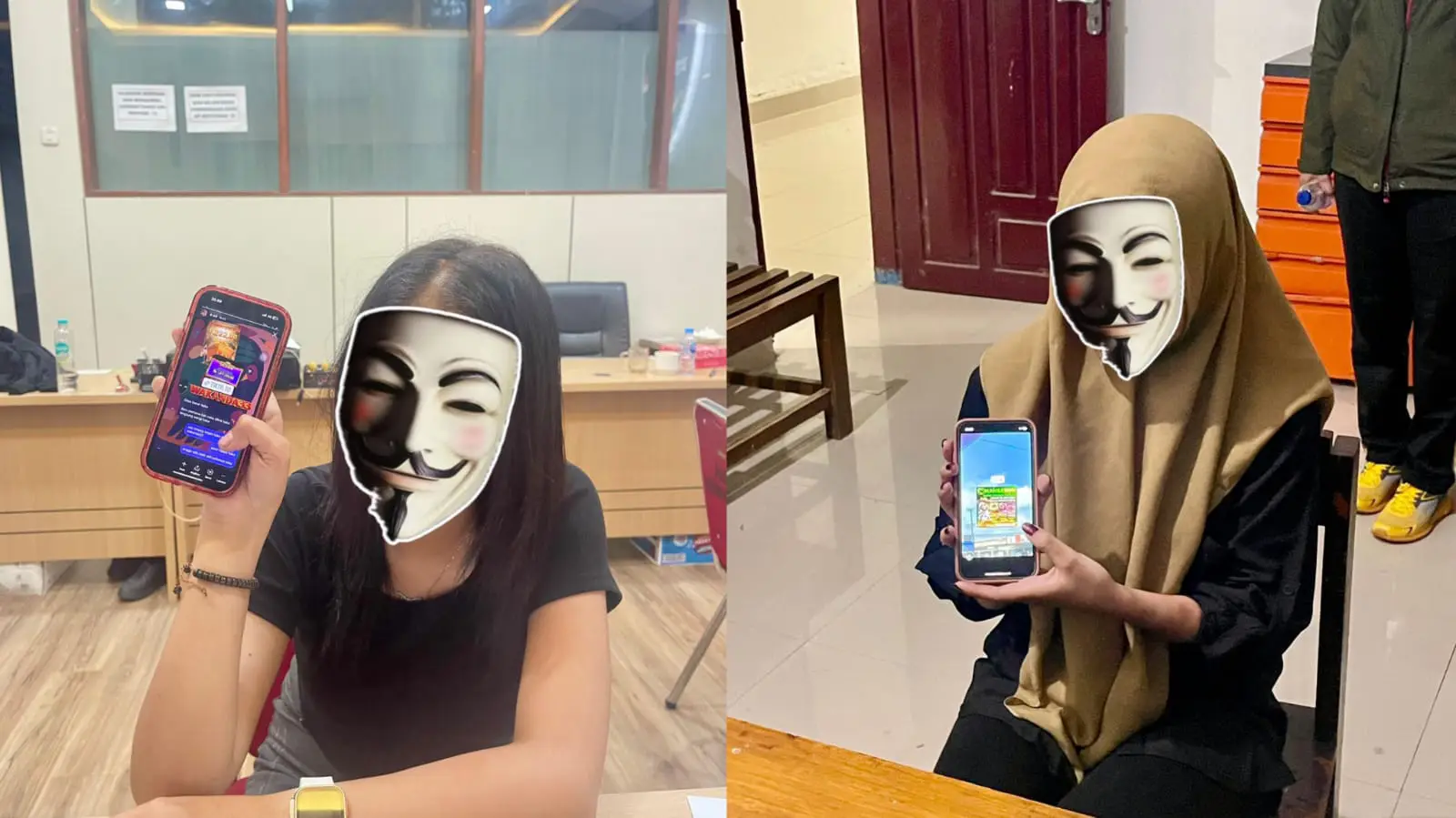 Dua tersangka AA dan GA saat diamankan di Polda Sulawesi Tenggara, sambil memperlihatkan situs judi online. Foto: Ist.
