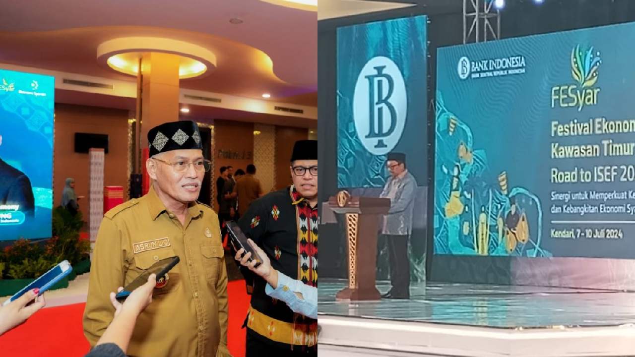 Sekda, Asrun Lio saat diwawancarai usai kegiatan festival (Kiri) dan Deputi Gubernur BI, Juda Agung saat menyampaikan sambutan di FESyar KTI (Kanan). Foto: Kolase