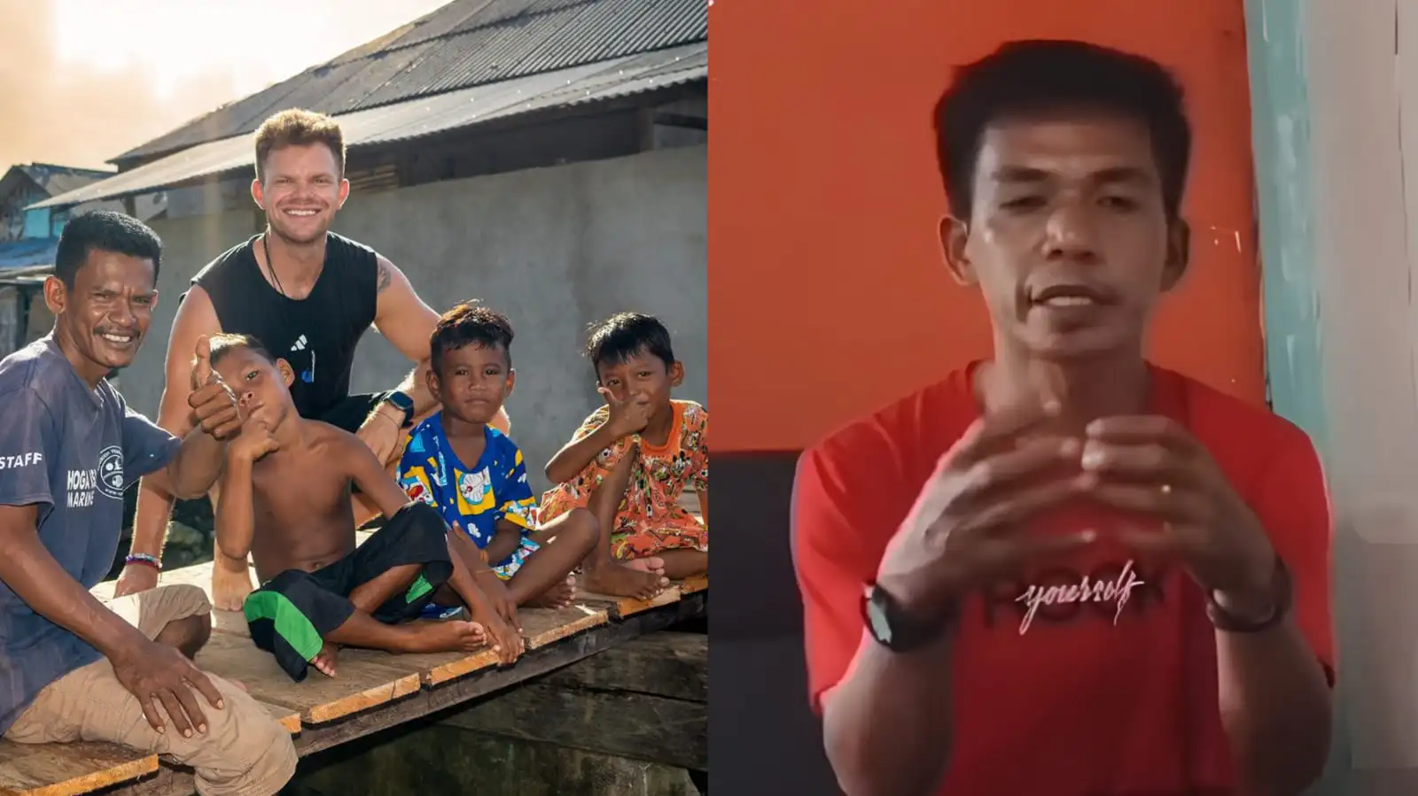 Kristian Hansen saat bersama warga kampung terapung (kiri), Kepala Desa Samabahari (kanan). Foto: Kolase Instagram @thekristianhansen