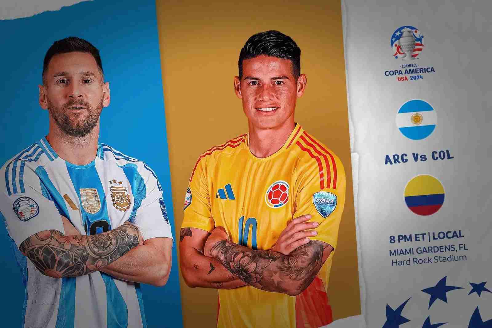 Pemain Argentina, Lionel Messi (kiri), dan James Rodriguez dari Kolombia, kapten masing-masing tim yang akan memimpin duel panas di final Copa America 2024 di Stadion Hard Rock, Florida, Senin (15/7/2024) pagi WIB. Foto dan grafis: copaamerica.com