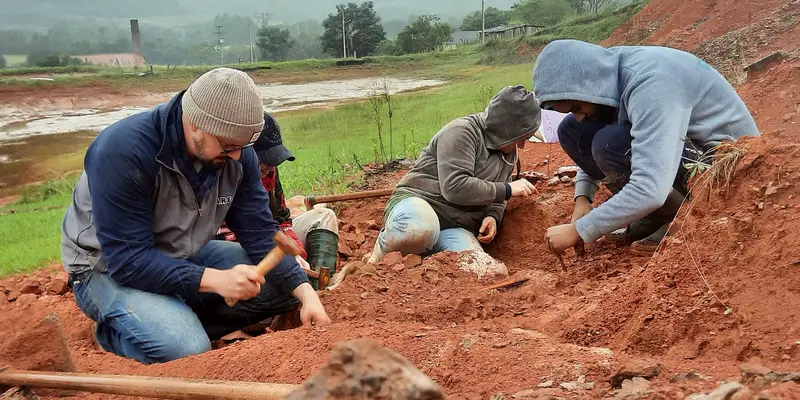 Para peneliti menemukan fosil dinosaurus diperkirakan berusia 233 juta tahun setelah hujan lebat di Brasil. Foto: Repro AFP