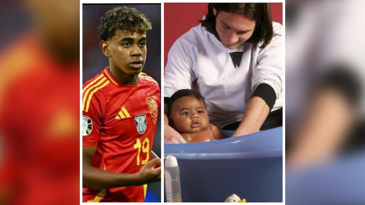 (Kanan) Messi saat masih berusia 20 tahun, dengan Lamine Yamal yang berusia 6 bulan, dari pemotretan pada tahun 2007. (Kiri) Lamine Yamal, 16 tahun, dengan seragam Timnas Spanyol Foto: AP