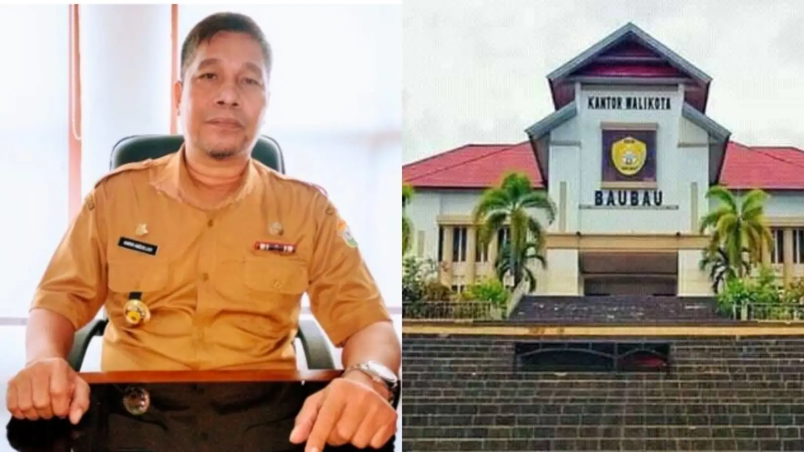 Inspektur Kota Baubau, Amrin Abdulah (kiri) Kantor Wali Kota Baubau (kanan). Foto: Ist.