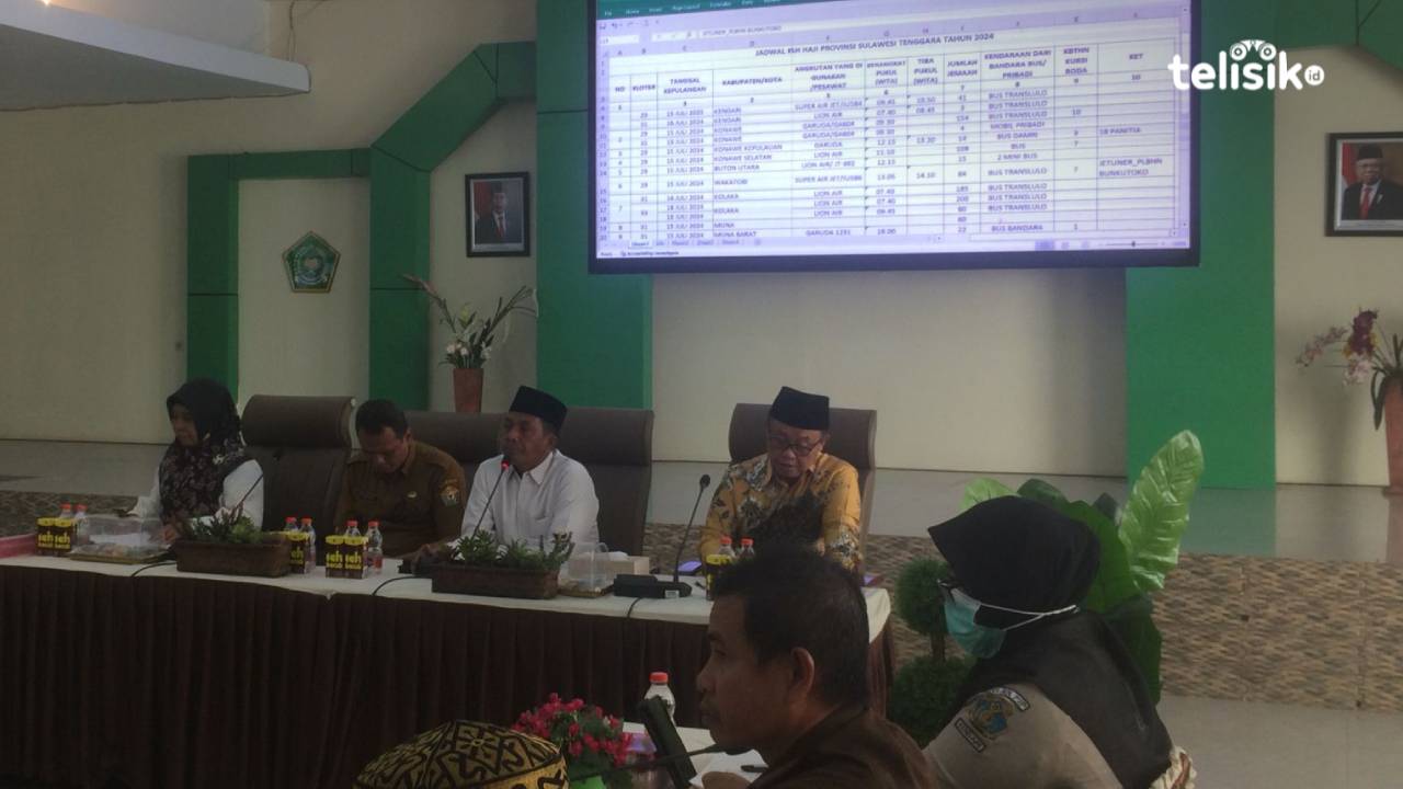 Kepala Kantor Wilayah Kementerian Agama Sultra Muhammad Saleh, bersama jajaran instansi terkait, tengah melakukan rapat persiapan pemulangan jemaah haji Sultra. Foto: Bambang Sutrisno/Telisik