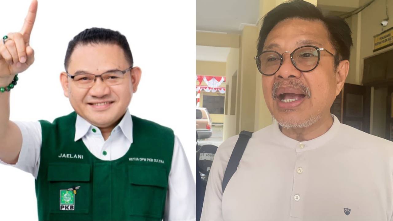 Ketua DPW PKB, Jaelani (kiri) dan Nur Alam (kanan) saat memenuhi panggilan penyidik Polda Sultra. Foto Ist.