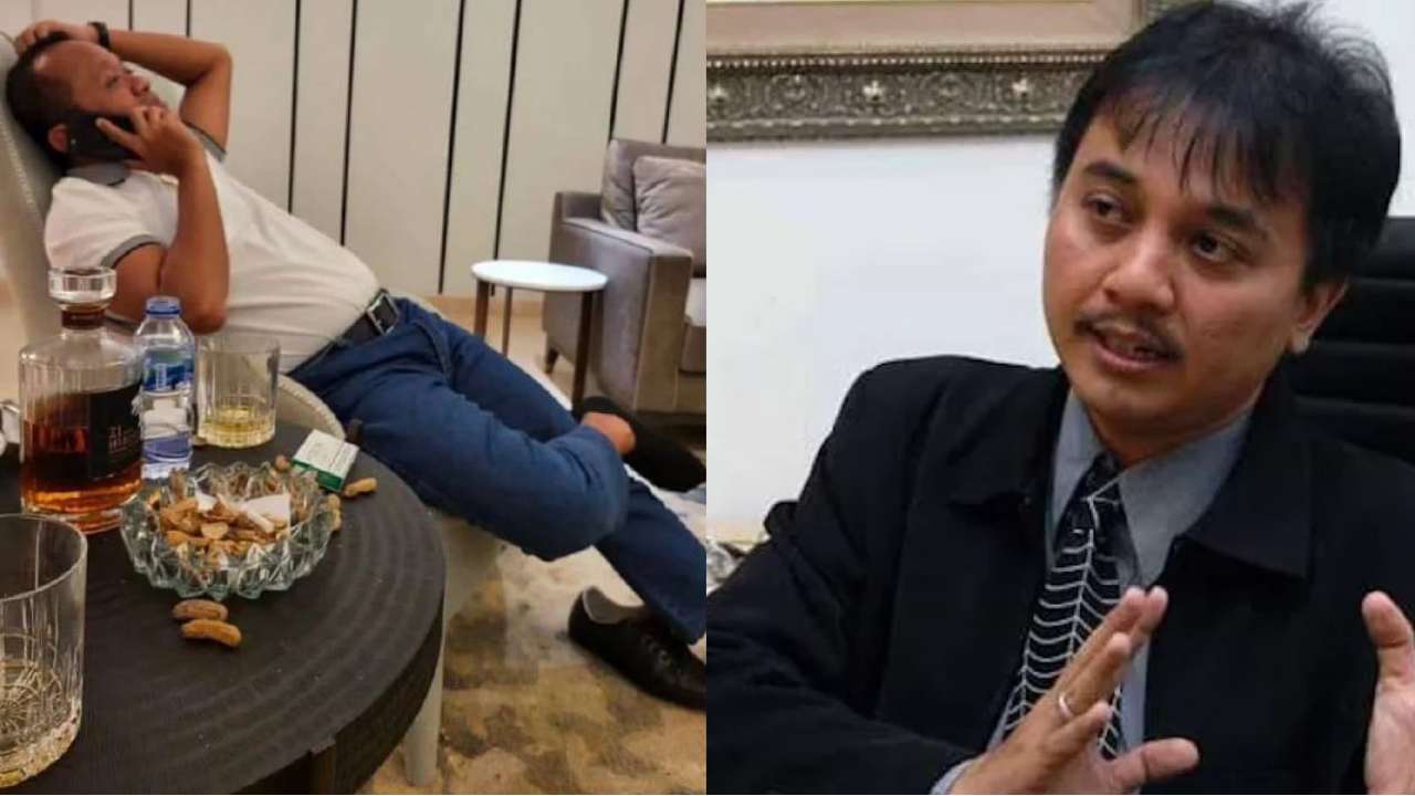 Foto viral diduga Bahlil Lahadalia (kiri) dengan sebotol whisky Jepang merek Hibiki seharga Rp 38 juta lebih disampingnya, menapat respon dari Pakar Telematika, Roy Suryo (kanan). Foto: Kolase GridArt