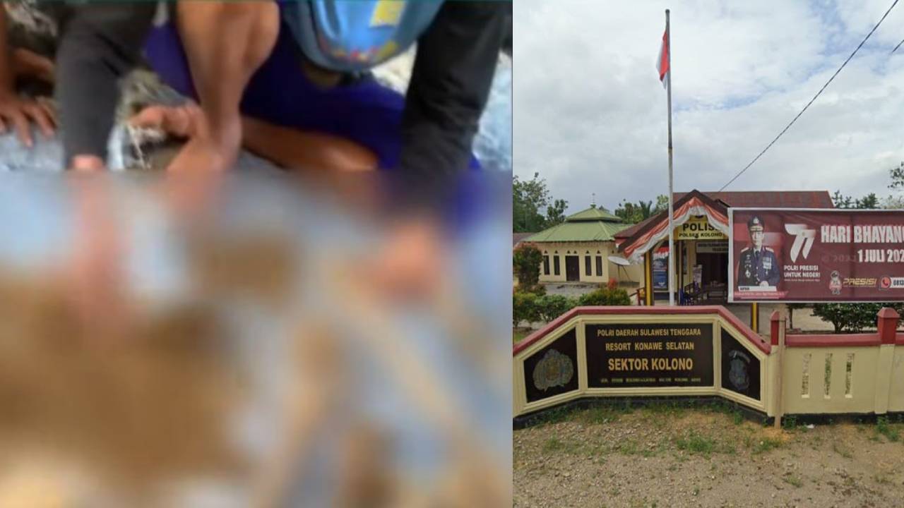 Tampak tulang belulang kerangka manusia yang ditemukan (kiri) dan kantor Polsel Kolono (kanan). Foto: Screenshot Video