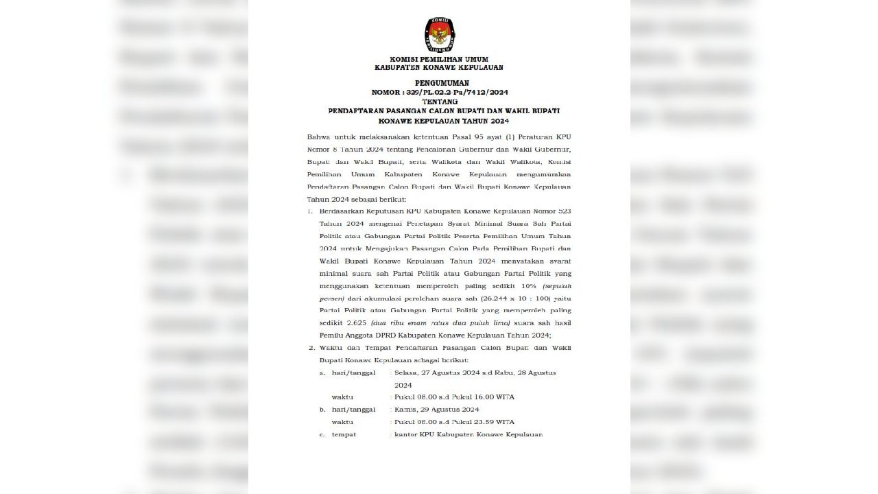 KPU Konawe Kepulauan secara resmi mengumumkan dimulainya pendaftaran bagi pasangan calon bupati dan wakil bupati untuk Pemilihan Kepala Daerah (Pilkada) tahun 2024. Foto: Screenshot pengumuman KPU Konawe Kepulauan