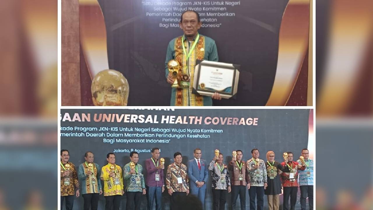 Sekertaris Daerah Kolaka Utara, Taufiq S. saat menerima penghargaan UHC dari Menko PMK RI, Muhajir Efendi. Foto: Ist