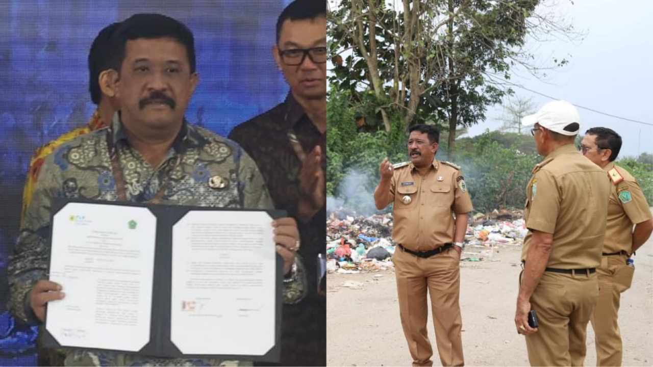 Pj Bupati Konawe, Stanley saat menandatangani nota kesepahaman bersama PT PLN Energi Primer Indonesia serta saat meninjau lokasi TPS/TPA. Foto: Ist