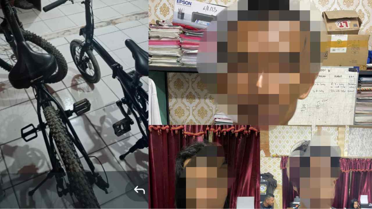 Sepeda hasil curian yang berhasil diamankan (kiri), tiga orang terduga tersangka saat di kantor polisi (kanan). Foto: Ist.