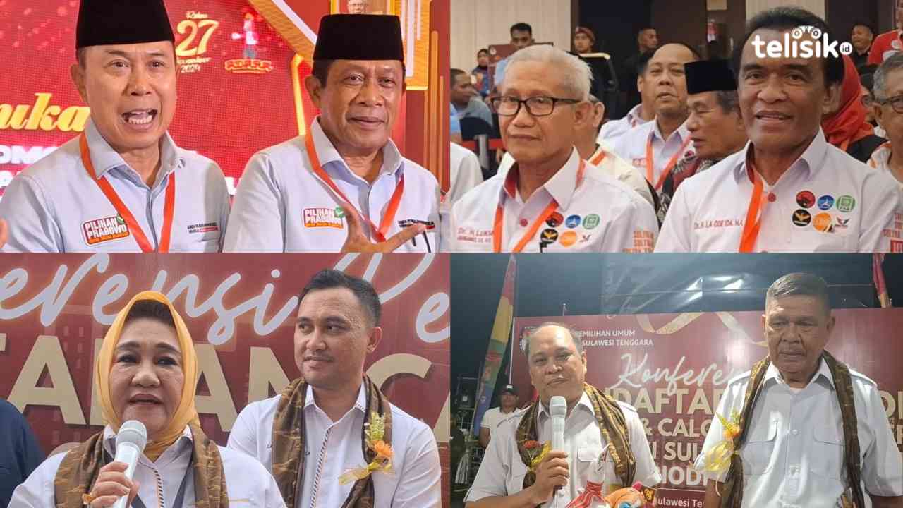 Empat pasangan Calon dan Wakil Gubernur Sulawesi Tenggara, Ruksamin-Syafei Kahar, Andi Sumangrukka-Hugua, Lukman Abunawas-La Ode Ida, dan Tina Nur Alam-LM Ihsan Taufik Ridwan bertarung di Pilgub Sultra. Foto: Erni Yanti/ Telisik