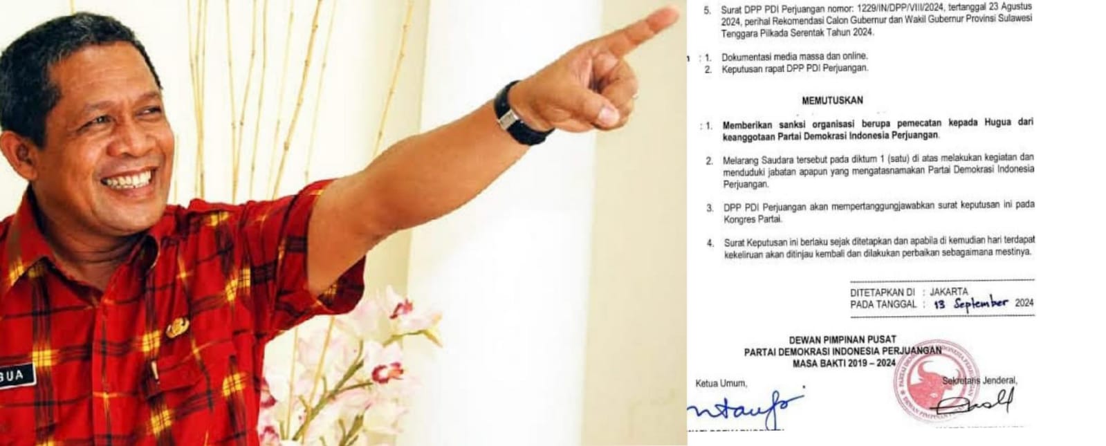Hugua resmi dipecat PDIP usai dinilai melawan keputusan DPP. Foto: Ist.