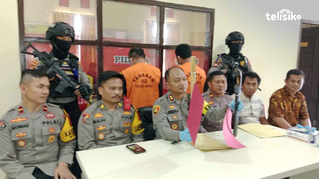 Kapolres Muna, AKBP Indra Sandy Purnama Sakti saat memperlihatkan tersangka dan barang buktinya. Foto : Sunaryo/Telisik