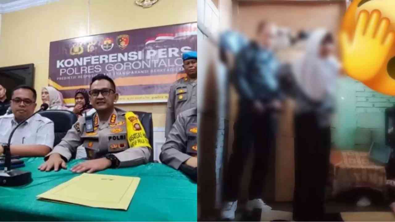 Polresta Gorontalo saat melakukan konferensi pers ((kiri), terkait video syur (kanan) guru dan murid. Foto: Repro Jawapos/Screenshot video