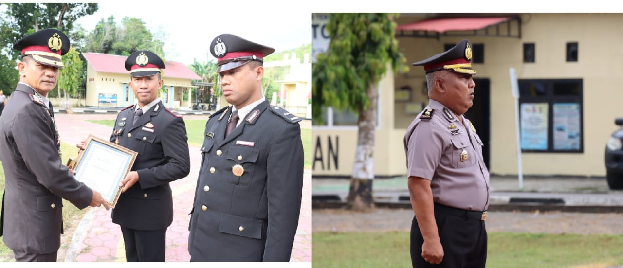 Kapolres Buton, AKBP Rudy Silaen, saat penyerahan piagam kepada lima porsonel berprestasi (kiri). Kompol Saad yang mendapat kenaikan pangkat dari AKP (kanan). Foto: Ist