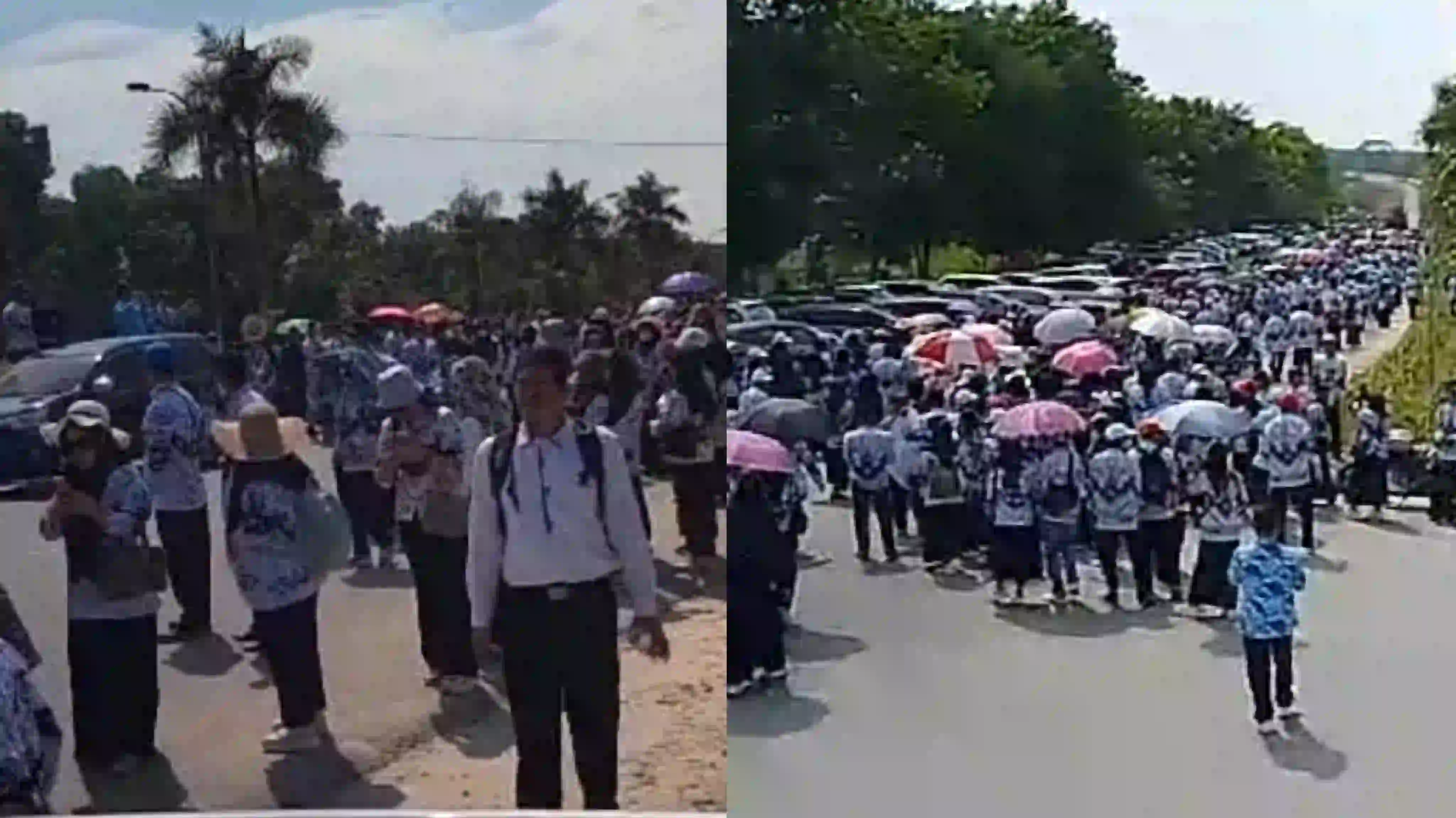 Ribuan guru jalan beriringan saat memadati Pengadilan Negeri Andoolo. Foto: Screenshoot Video