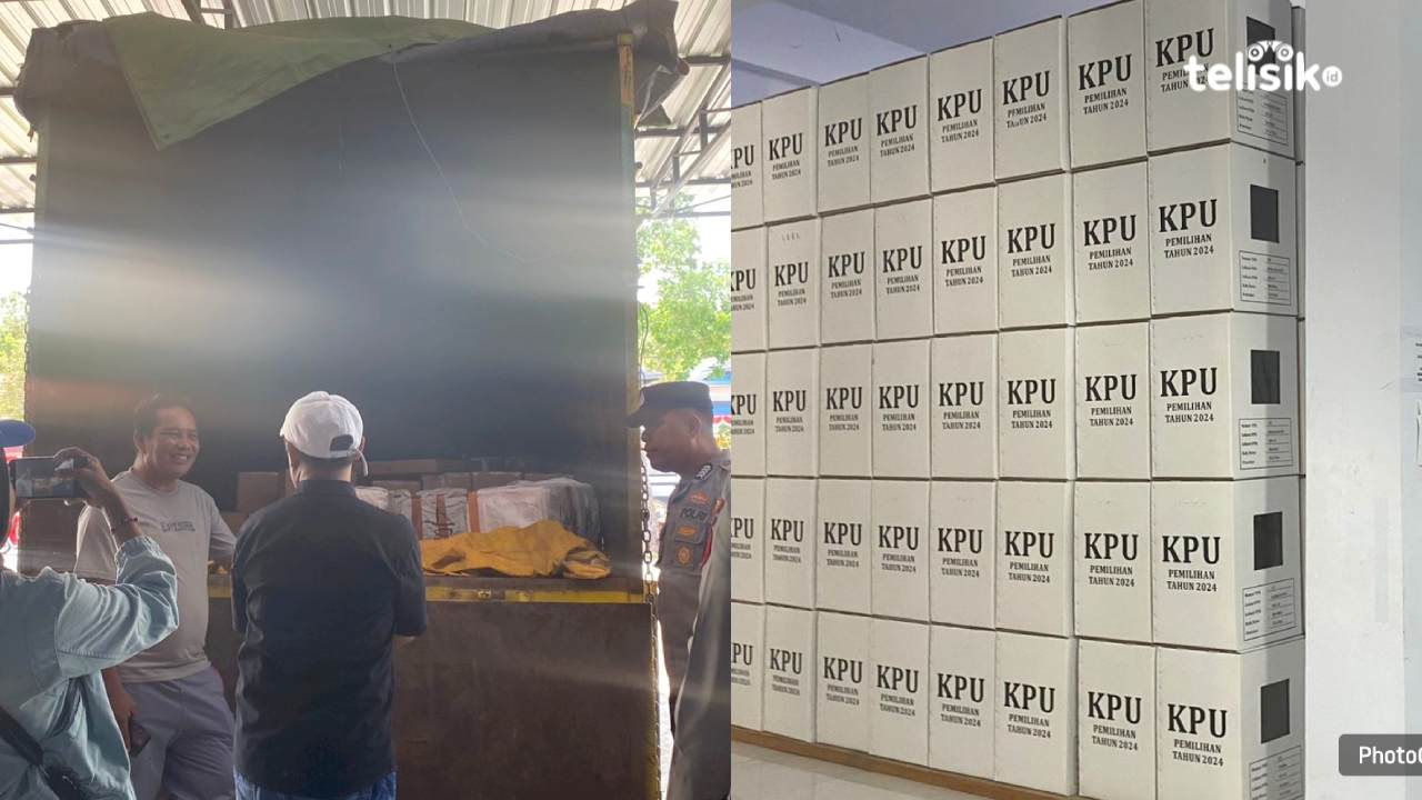 Sebanyak 111.447 lembar surat suara Pilgub Sultra 2024 tiba di gudang logistik KPU Baubau, Sabtu (2/11/2024). Foto: Elfinasari/Telisik