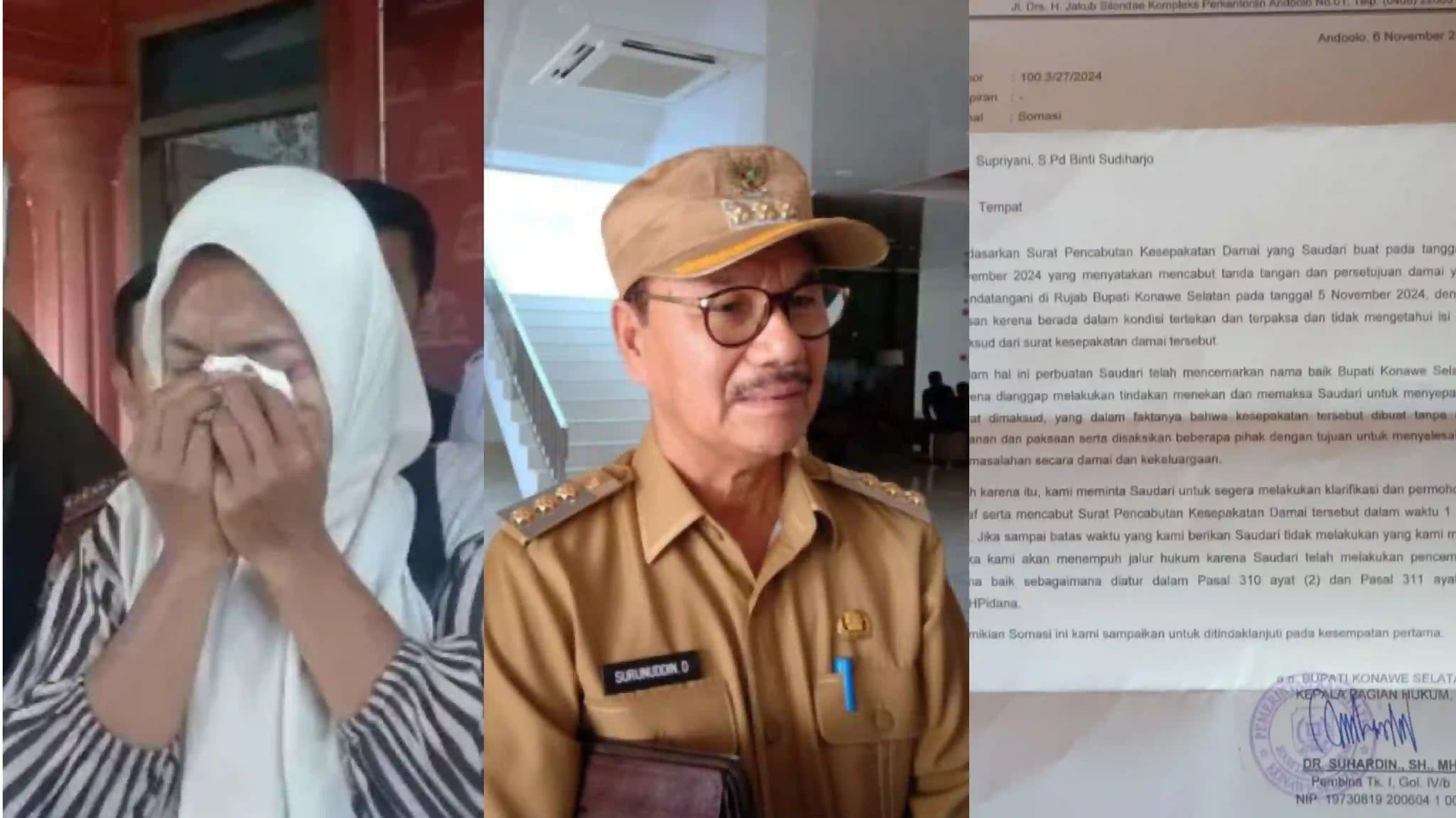 Guru honorer Supriyani (kiri), Bupati Konsel, Surunuddin Dangga (tengah), dan surat keputusan dari Kabag Hukum, Konsel. Foto: Ist