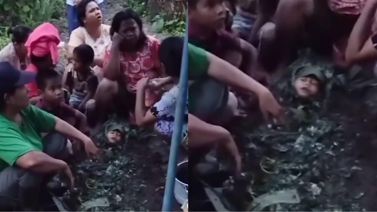 Viral bocah tersambar petir selamat setelah dikubur dan ditutupi daun. Foto: Instagram @merindink