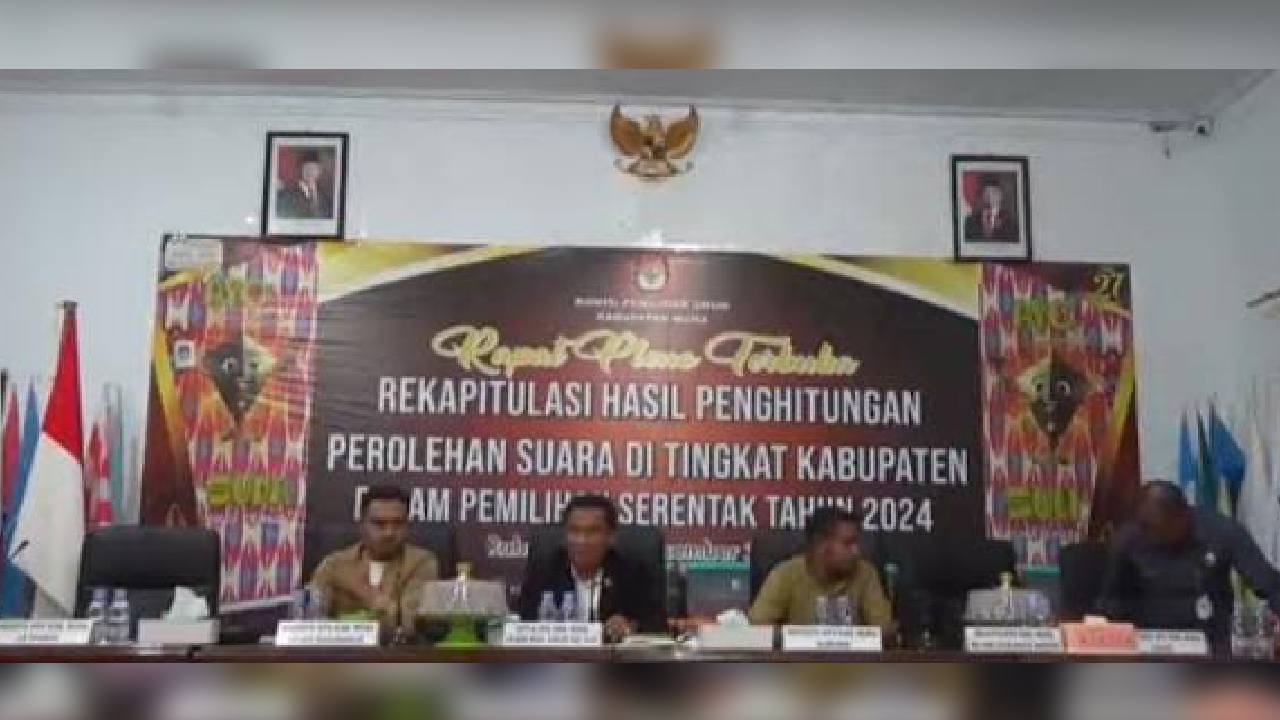 Ketua KPU Muna, LM Askar Adi Jaya saat menskorsing rapat pleno rekapitulasi hasil perhitungan suara. Foto : Ist.