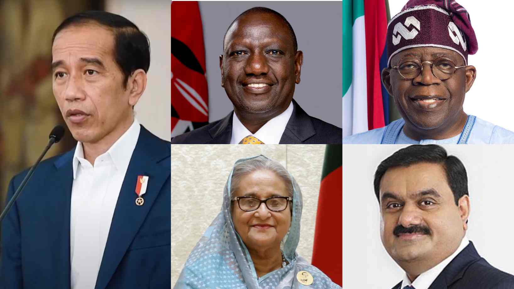 Jokowi (kiri), Wiliam Ruto (atas tengah), Hasina (bawah kiri), Bola Ahmed Tinubu (atas kanan) dan Gautam Adani (kanan bawah). Foto: Repro Seskab/Wikipedia