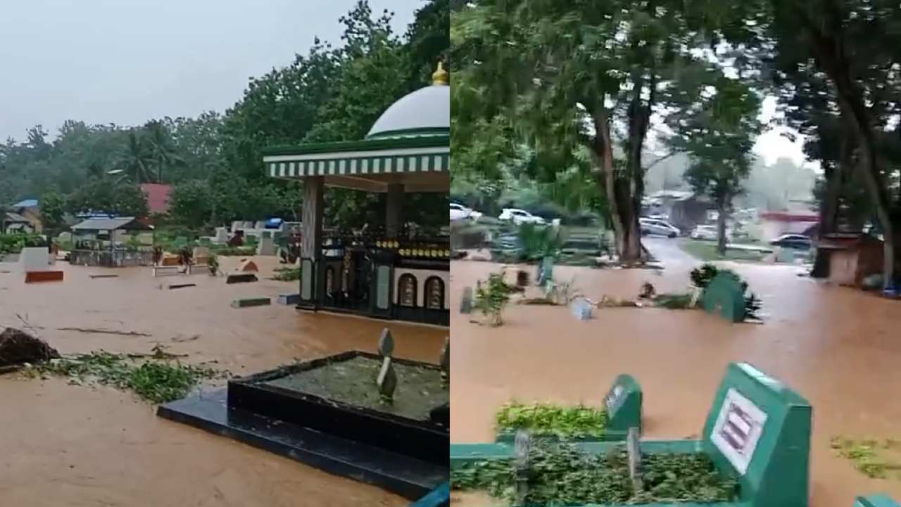 Area pekuburan Punggolaka, Kecamatan Puwatuu, terendam banjir pada Senin (27/1/2025). Foto: Screenshoot video