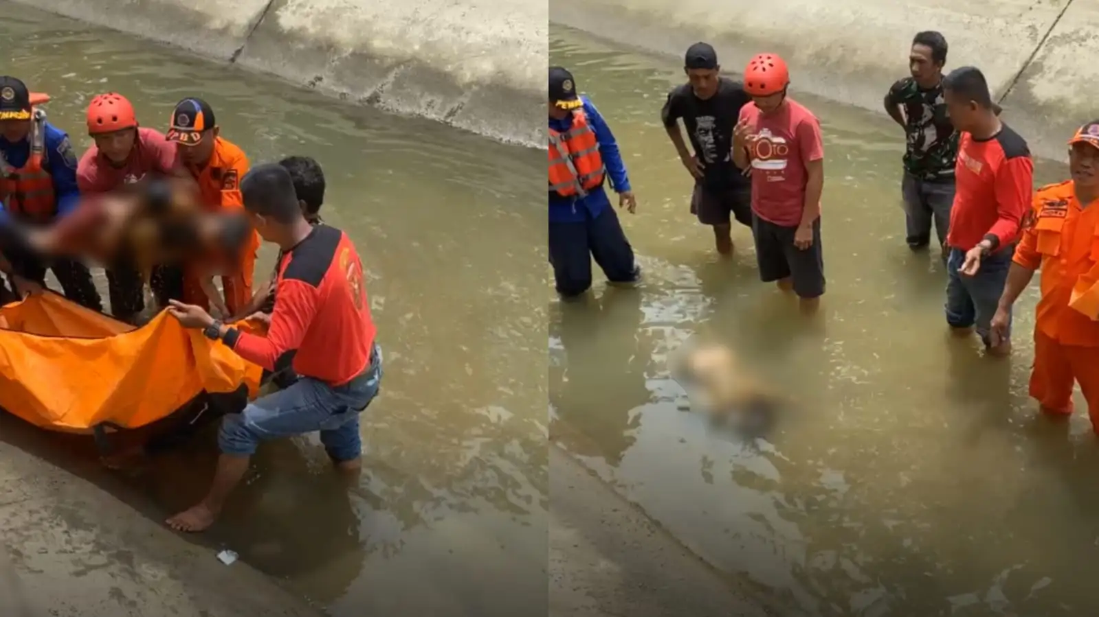 Proses evakuasi Fatimah, bocah 8 tahun yang hilang ditemukan dalam kondisi meninggal dunia di irigasi. Foto: Ist.