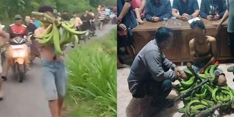 Remaja yatim piatu diarak warga setelah ketahuan mencuri pisang. Foto: Repro Jawapos