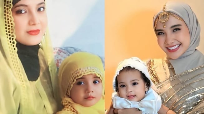 Shireen Sungkar saat masih kecil (kiri) dan gambar Humaira anak angkat Zaskia Sungkar (Kana). Foto: Repro Instagram @zaskiasungkar15