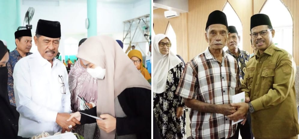 Bupati Kolaka Utara, Nur Rahman Umar (kiri) dan Wakil Bupati Kolaka Utara, Jumarding (kanan) saat menyalurkan zakat mal ASN. Foto: Diskominfo Kolut.