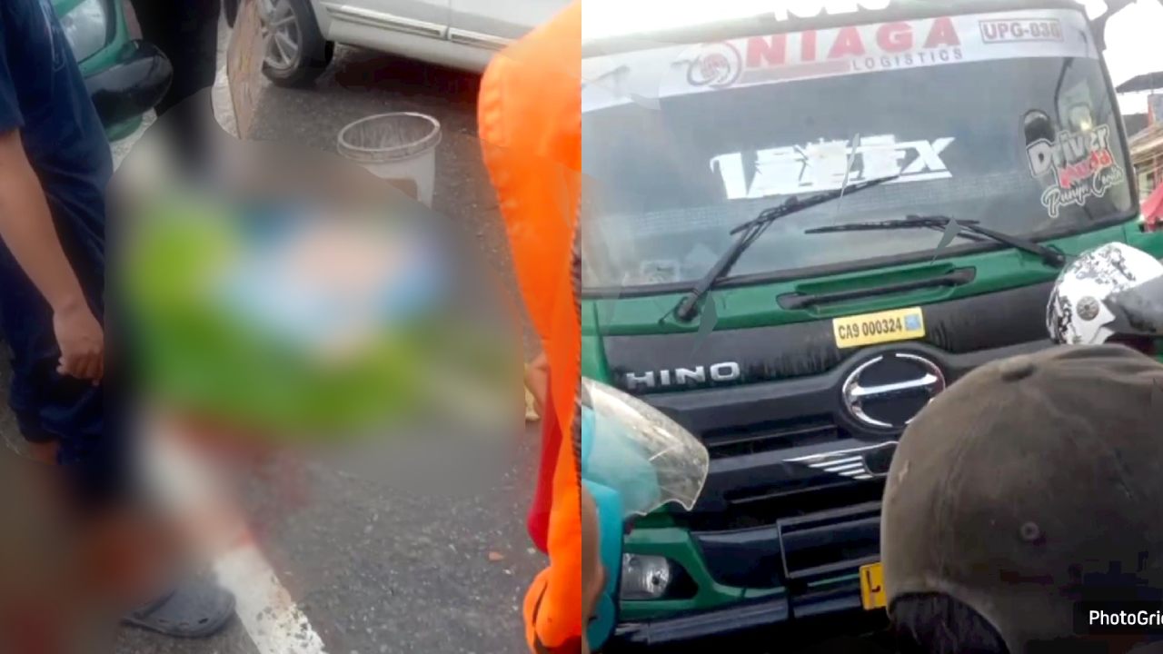Korban kecelakaan (kiri) dan truk kontainer yang melindas korban di Jalan AH Nasution Kota Kendari, Sabtu (15/3/2025). Foto: Ist.