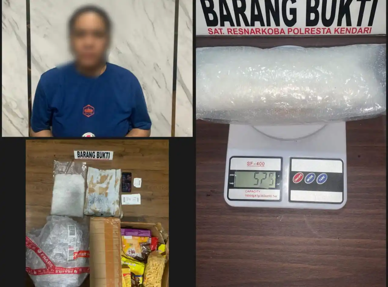 Polresta Kendari ungkap kasus penyelundupan 525 gram sabu di Bandara Haluoleo oleh seorang wanita asal Banjarmasin. Foto: Ist.