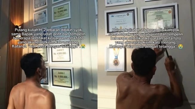 Seorang bapak viral karena memajang semua prestasi anaknya saat Lebaran. Foto: Repro Suara.com