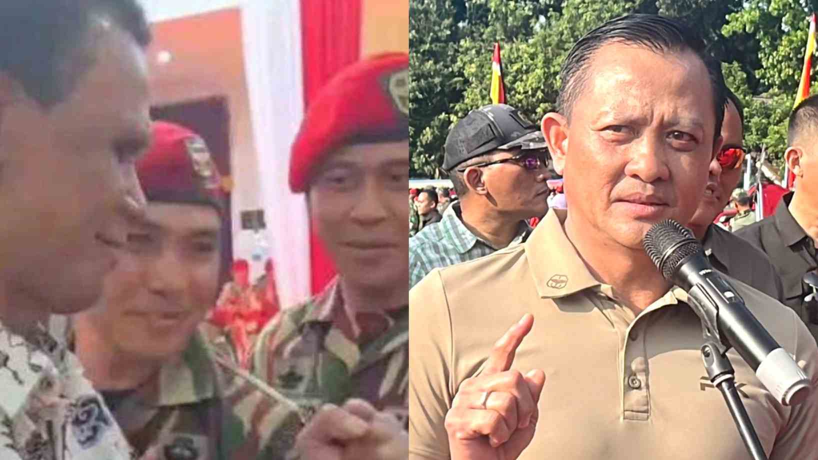 Mayjen TNI Djon Afriandi (kanan) minta maaf usai prajurit Kopassus berfoto dengan Hercules (kiri). Foto: Repro Kompas.