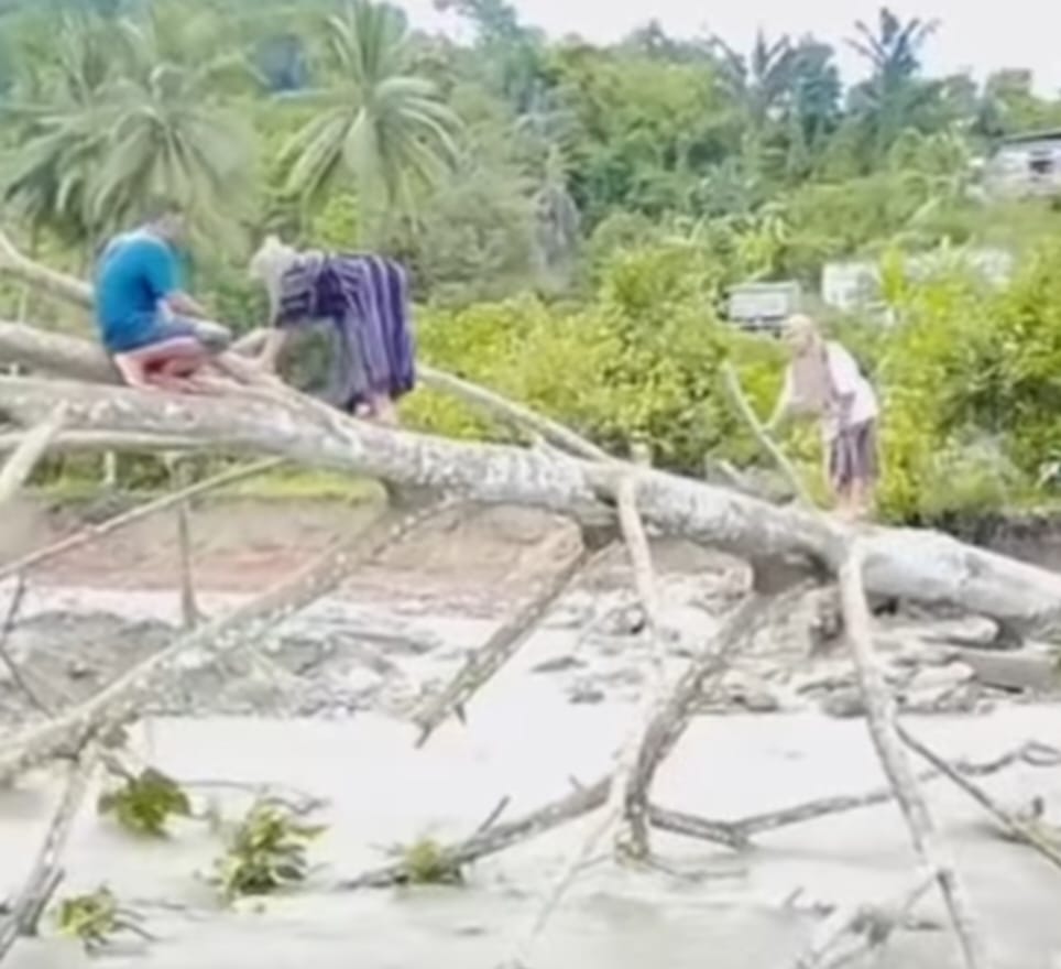 Potret emak-emak di Kolaka Utara yang nekat seberangi sungai gunakan pohon melintang. Foto: Tangkapan layar video.