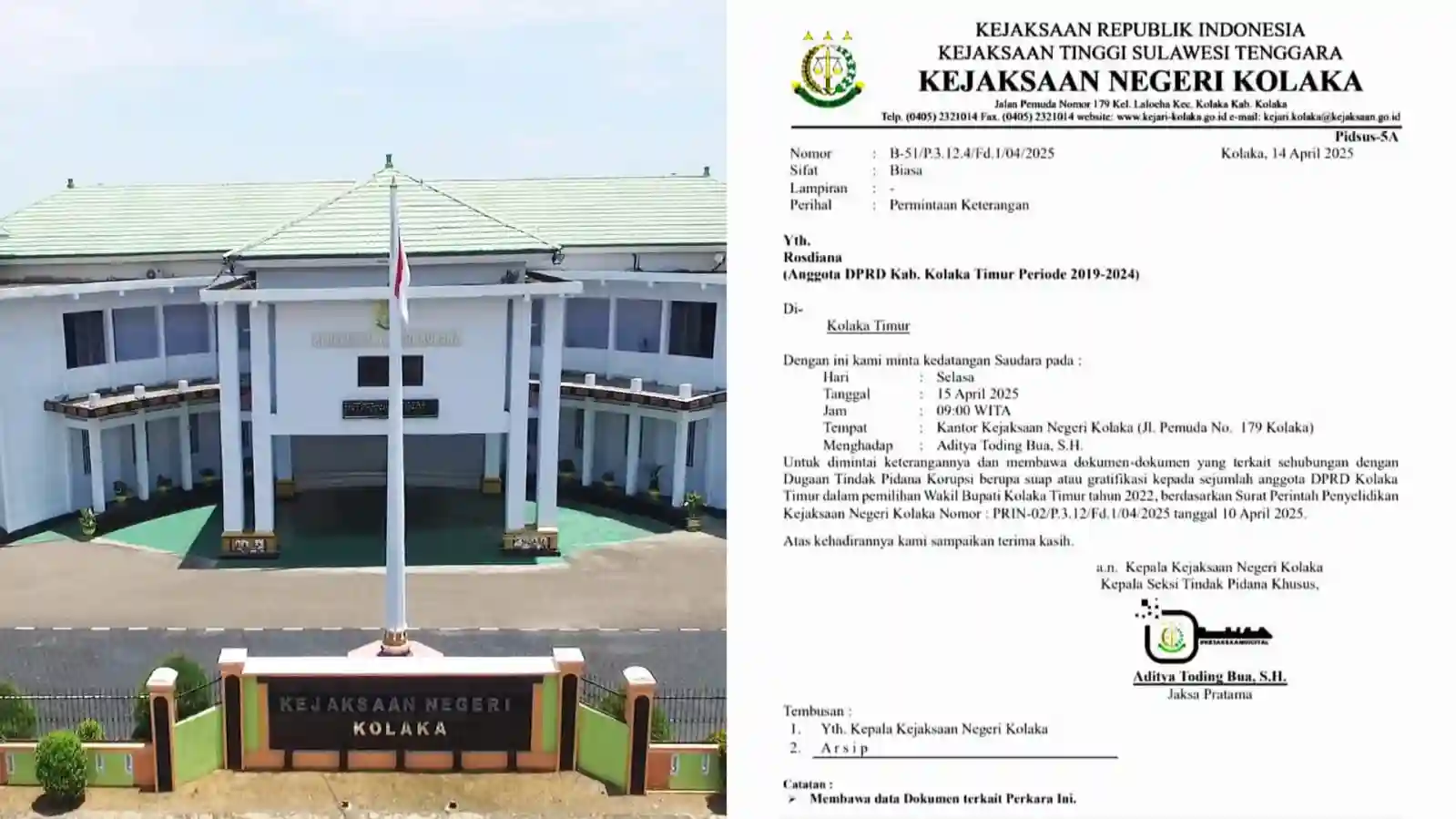 Mantan anggota DPRD Kolaka Timur bongkar dugaan suap Pilwabup Koltim 2022 di Kejari Kolaka. Foto: Ist.