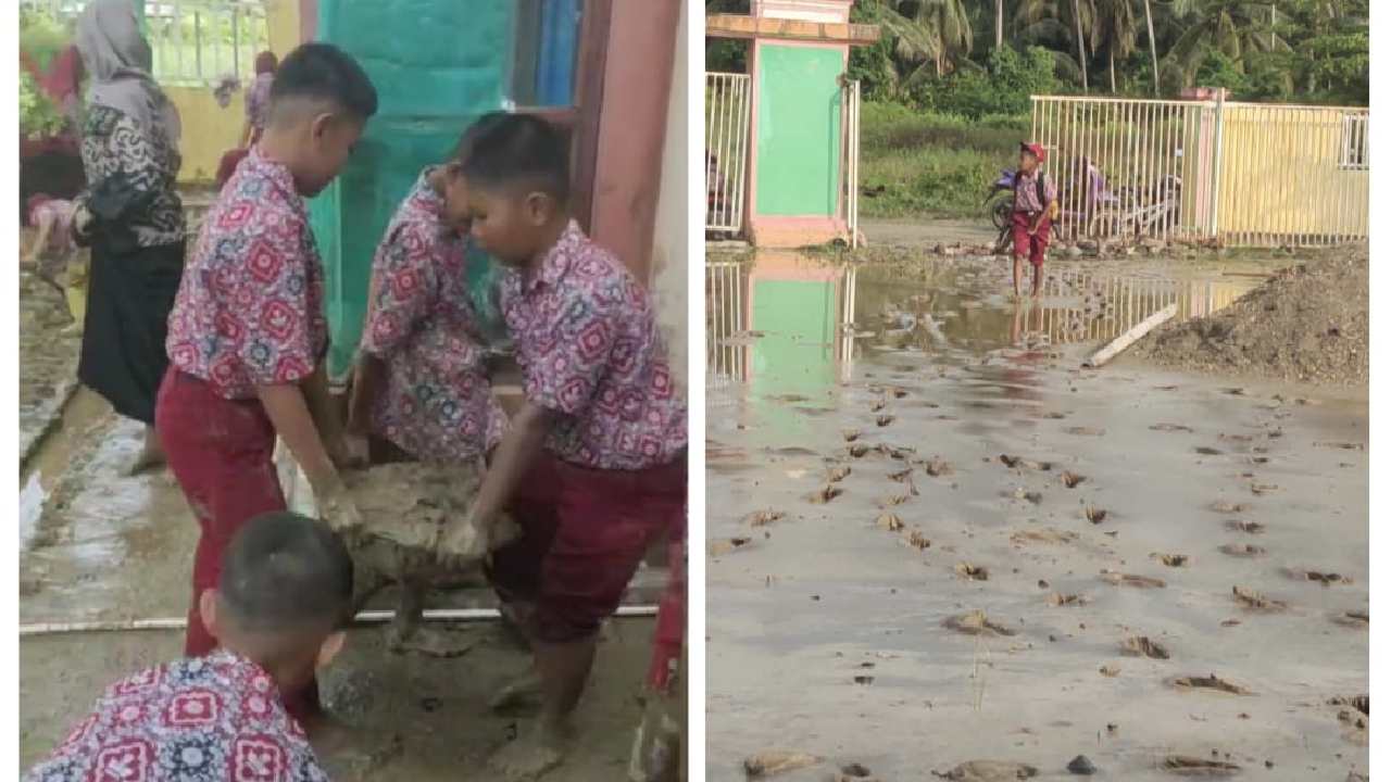 Proses pengerukan endapan lumpur secara manual oleh para siswa SDN 3 Pakue Utara. Foto: Ist.