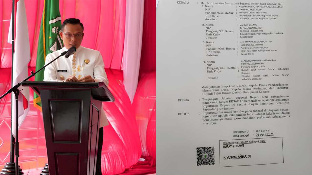 Bupati Konawe, Yusran Akbar, berhentikan sementara tiga kepala dinas dan Direktur RSUD lingkup Pemerintah Kabupaten Konawe. Foto: Ist.