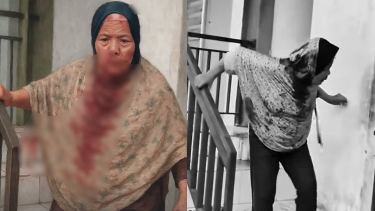 Wajah berdarah nenek paruh baya dihajar massa karena mencuri bawang. Foto: Sreenshot video.