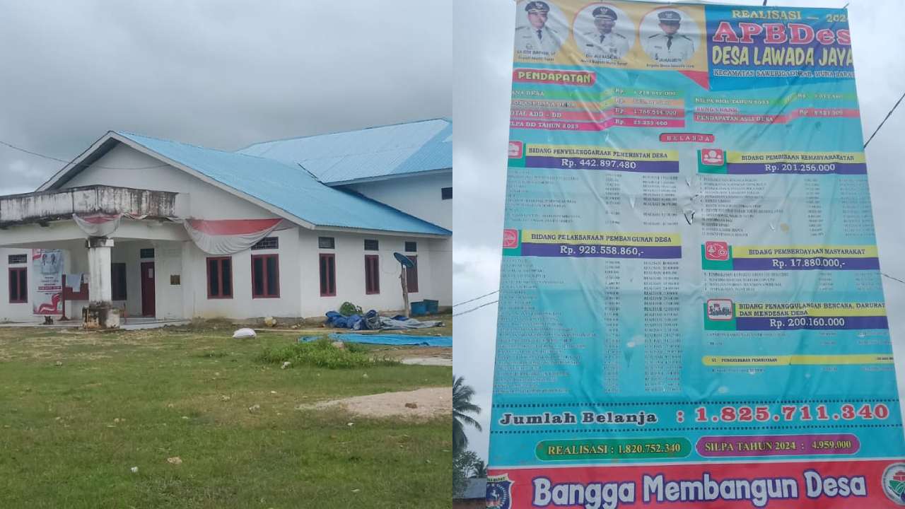 Kantor Desa dan Infografis Realisasi Anggaran Pendapatan Belanja Desa (APBDes) T.A 2024 Desa Lawada Jaya, Kecamatan Sawerigadi, Kabupaten Muna Barat. Foto : Ist.