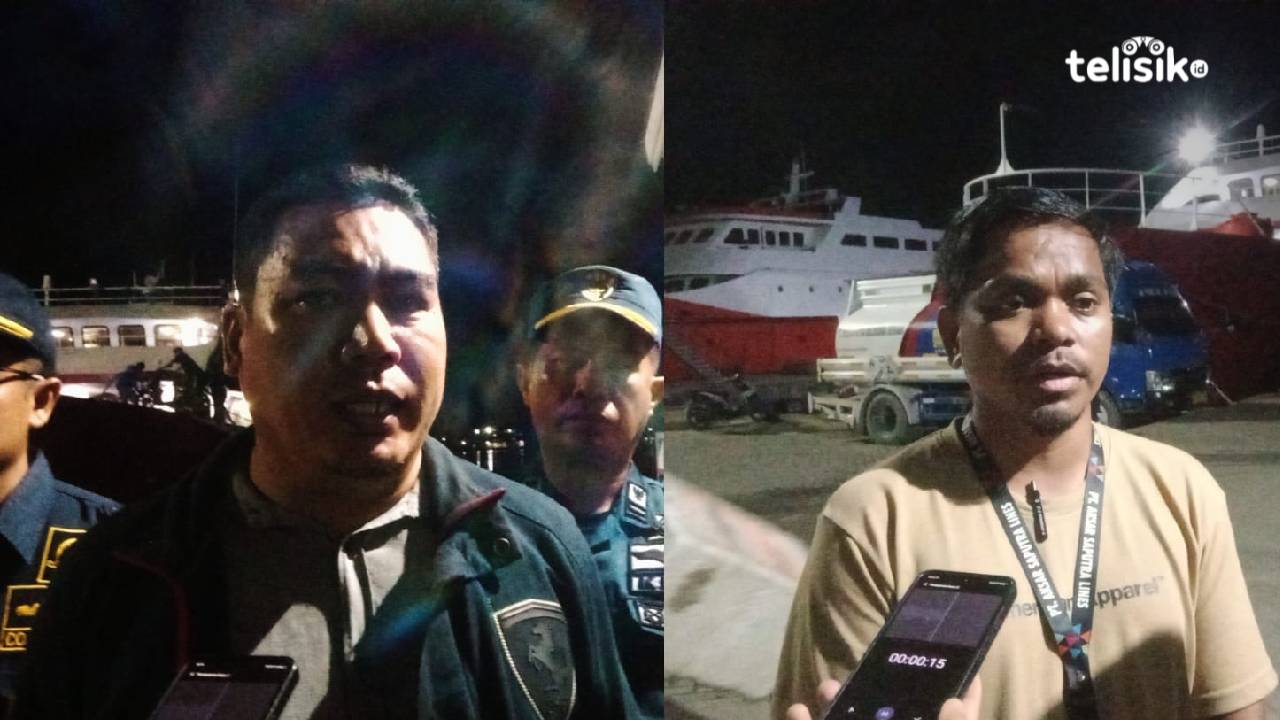 Kasi Lala KSOP Kelas II Kendari, Laode Mustafa (kiri) dan Agen Kapal Ukiraya Airlines, Umair saat diwawancara awak media, Rabu (4/6/2025) malam. Foto: Hamlin/Telisik.