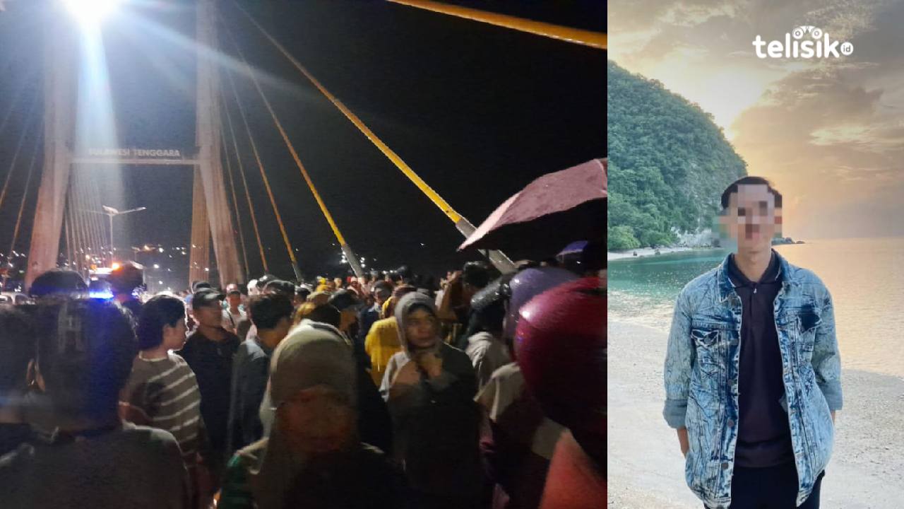 Keramaian warga di lokasi penemuan motor Yamaha Gear tanpa pemilik di Jembatan Teluk Kendari (kiri), terduga korban, Muh. Agil Ismail (kanan). Foto: R. Anugrah/telisik