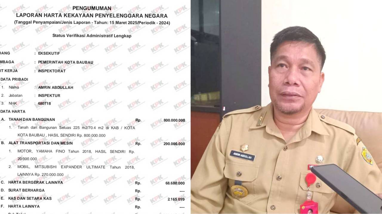 Kekayaan Kepala Inspektorat Baubau, Amrin Abdullah (AA) naik drastis, kini jadi tersangka OTT. Foto: elhkonkpk.go.id/RRI.