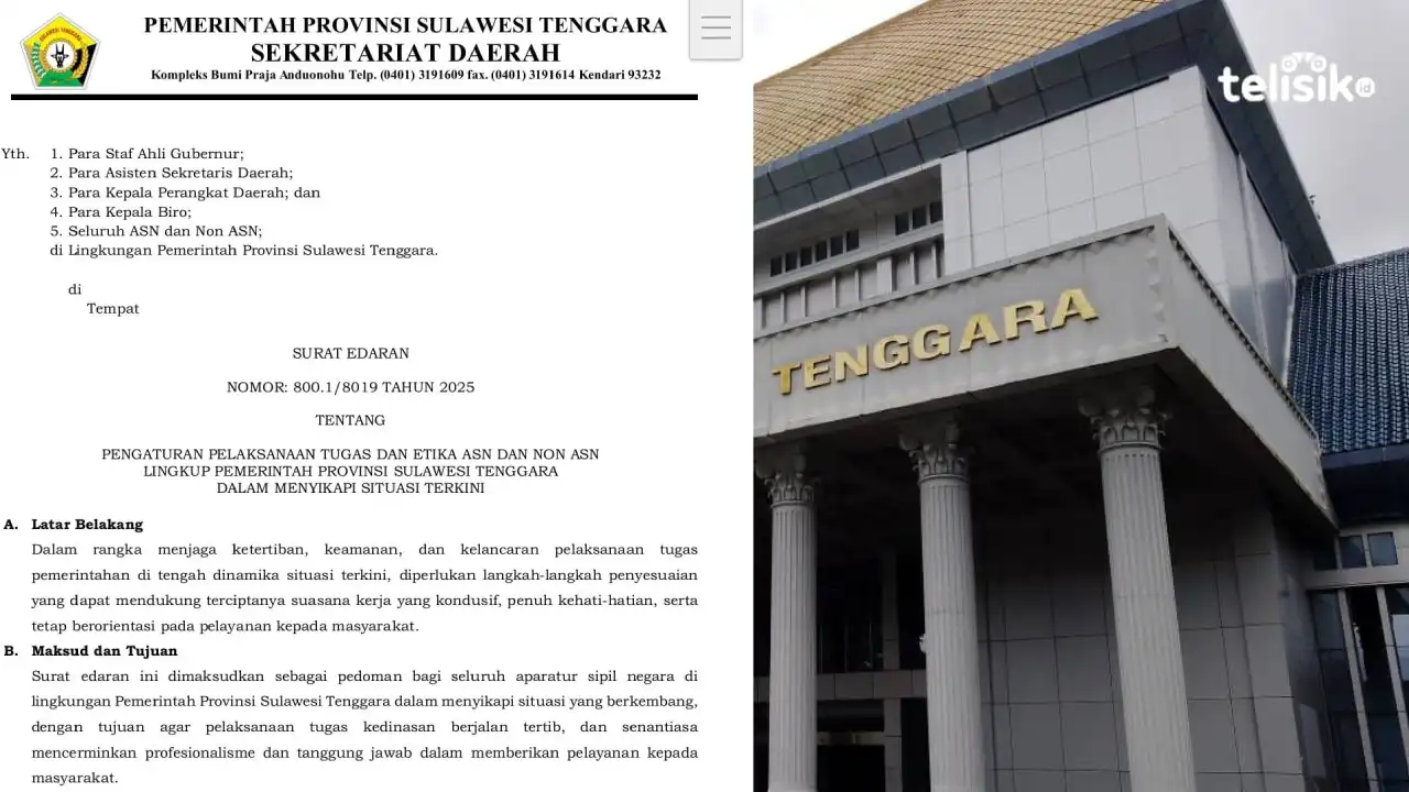 Pemerintah Provinsi Sulawesi Tenggara mengeluarkan surat edaran, menyikapi isu demonstrasi di Indonesia. Foto: Ist/Telisik.