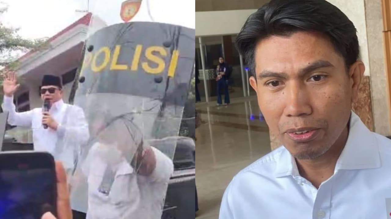 Wakil Ketua Komisi II DPR RI Bahtra Banong (kanan) di kompleks parlemen, Jakarta, dan Bupati Pati, Sudewo dilempar sandal saat menemui massa pendemo di alun-alun Pati, Rabu (13/8/2025). Foto: Repro Kompas/Antara.