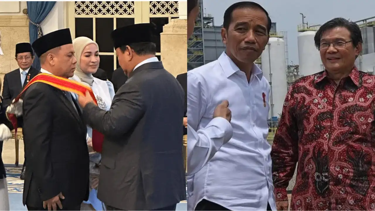 Samsudin Andi Arsyad atau Haji Isam, diberi tanda kehormatan Bintang Mahaputera Utama dari Prabowo (kiri), mantan Presiden RI ke-7Jokowi didampingi Founder PT CAP Prajogo Pangestu (kanan). Foto: Inilah/Antara.